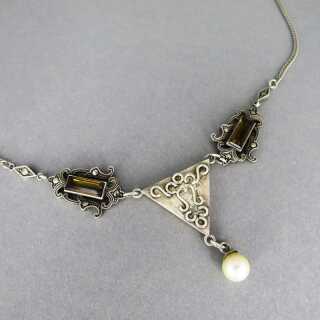 Nice geometrical Art Deco collier necklace in silver with smoky quartz and pearl