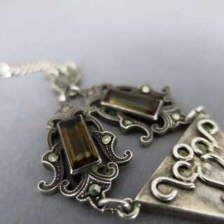 Nice geometrical Art Deco collier necklace in silver with smoky quartz and pearl
