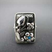Außergewohnlicher Art Deco Silber Damen Ring mit Blüten und Türkis in Handarbeit