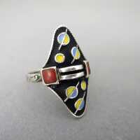 Art Deco Theodor Fahrner silver ring with enamel and coral geometrical design