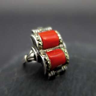 Art Deco Designer Damen Ring in 925 Silber mit roter Koralle und Markasiten 