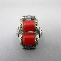 Art Deco designer ring in sterling silver geometrical red coral and marcasites