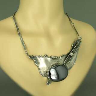Unique Avi Soffer jewelry set necklace and earclips in sterling silver haematite