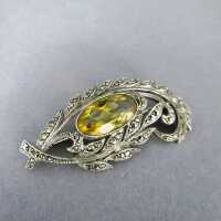 France Art Nouveau silver leaf brooch with yellow citrine...