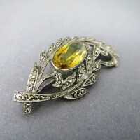 France Art Nouveau silver leaf brooch with yellow citrine...
