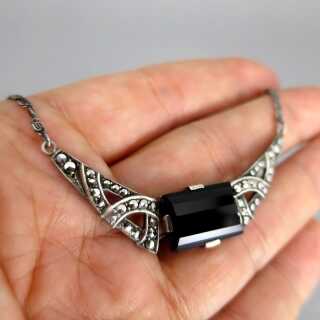 Art Deco Silber Collier mit schwarzem Onyx, Markasiten und Mäanderkette