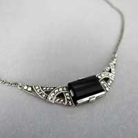 Beautiful Art Deco silver necklace with black onyx cabochon and marcasites 