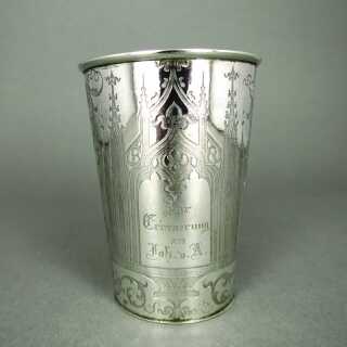Schöner antiker Silber Andenken Becher mit floralem Dekor und Widmung vor 1880