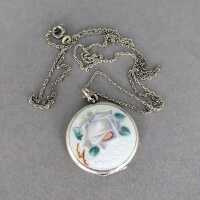 Nice medallion pendant Jugendstil silver with rose painting and guilloche enamel 
