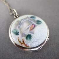 Nice medallion pendant Jugendstil silver with rose painting and guilloche enamel 