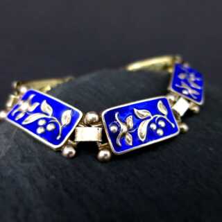 Modernist Armband in floralem Silber Dekor und blauer Emaille in Handarbeit