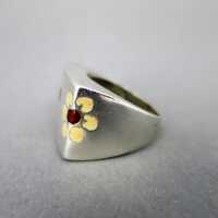 Interessanter massiver Silber Damen Ring mit bunter Emaille und Blumendekor