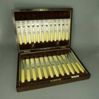 Antique fish cutlery set 12 persons in silver and bone Walker & Hall Birmingham