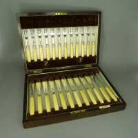 Antique fish cutlery set 12 persons in silver and bone...