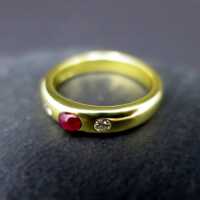 Unique gold band ring with ruby and two diamonds handmade goldsmith jewelry