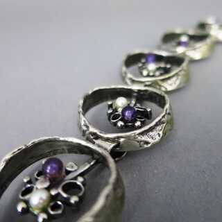 Modernist Brutalist Designer Armband PERLI in Silber mit Perlen und Amethysten