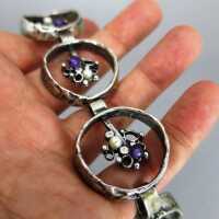 Modernist brutalist massive silver bracelet by Perli with pearls and amethyst
