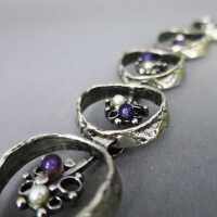 Modernist brutalist massive silver bracelet by Perli with pearls and amethyst