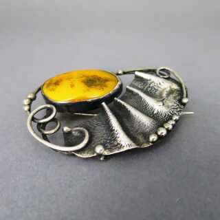 Huge butterscotch amber sterling silver brooch with abstract design handmade