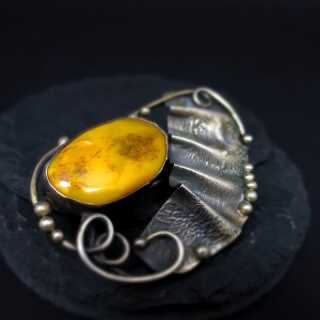Huge butterscotch amber sterling silver brooch with abstract design handmade