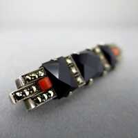 Elegant Art Deco silver brooch with onyx and coral Martin Mayer Mainz Germany