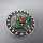 Round open worked silver brooch with red coral and green enamel France