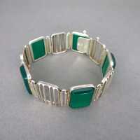 Art Deco link bracelet in silver with green agate cabochons handmade