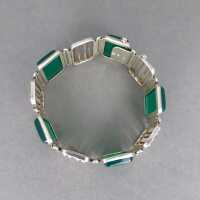 Art Deco link bracelet in silver with green agate cabochons handmade