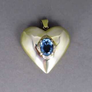 Huge heart shaped pendant in silver and gold with blue stone Austria Art Deco 