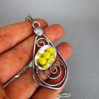 Modernist pendant with chain and yellow amber pearls in silver handmade 1960s