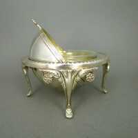Antique footed caviar serving bowl with glass inlay England silver plated