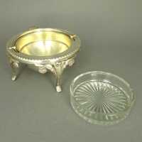 Antique footed caviar serving bowl with glass inlay England silver plated