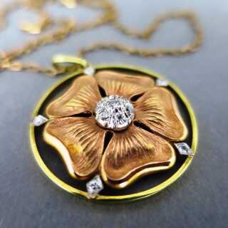 Huge floral pendant with chain in red gold flower center filled with diamonds 