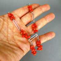 Long Art Deco flapper necklace in silver with natural red corals handmade