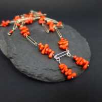 Long Art Deco flapper necklace in silver with natural red corals handmade