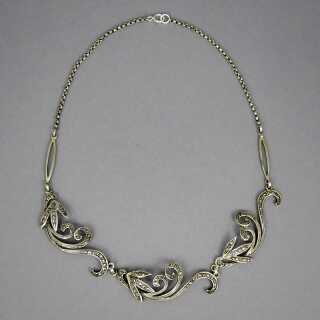 Silver necklace in Art Deco with tendrils, floral decoration and marcasites