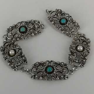 Jugendstilschmuck in Silber - Annodazumal Antikschmuck: Elegantes Silberarmband mit Türkisen und Perlen kaufen