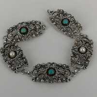 Elegantes Silberarmband besetzt mit Türkisen und Perlen...
