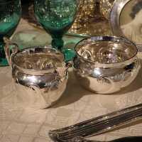 Antique pair of sugar bowl and milk jug in solid silver
