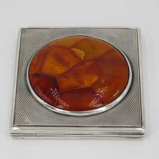 Magnificent Art Deco powder box with amber inlay in solid silver