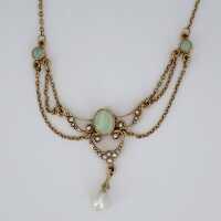 Romantic Art Nouveau necklace in 333 / - gold with opals and seed pearls