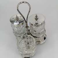 Antike dreipassige Menage in Sterling Silber und Kristallglas aus 1904