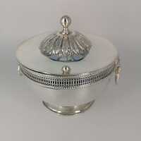 Silver-plated biscuit tin with blue glass insert from England around 1920