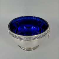 Silver-plated biscuit tin with blue glass insert from England around 1920