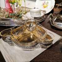 Exceptional triangular bowl with glass insert made of 800 silver around 1900