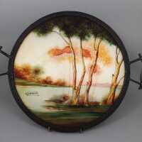 Round, painted Art Deco glass tray with forged frame