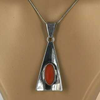 Silver pendant with coral in abstract geometric form around 1970