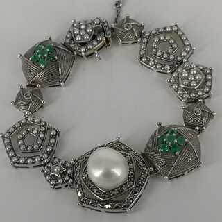 Exceptional bracelet in silver with pearls and emeralds
