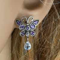 Romantic silver stud earrings with amethysts and topazes