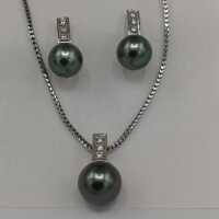 Set of Tahitian pendants and pearl earrings round in 750...